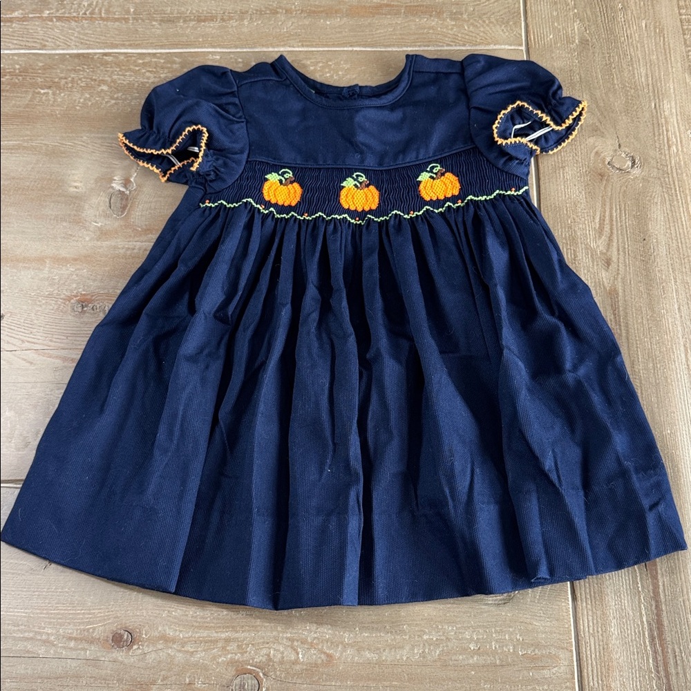 Classic Whimsy Girls Navy Smocked Pumpkin Dress - Short Sleeves - 9M - Like New